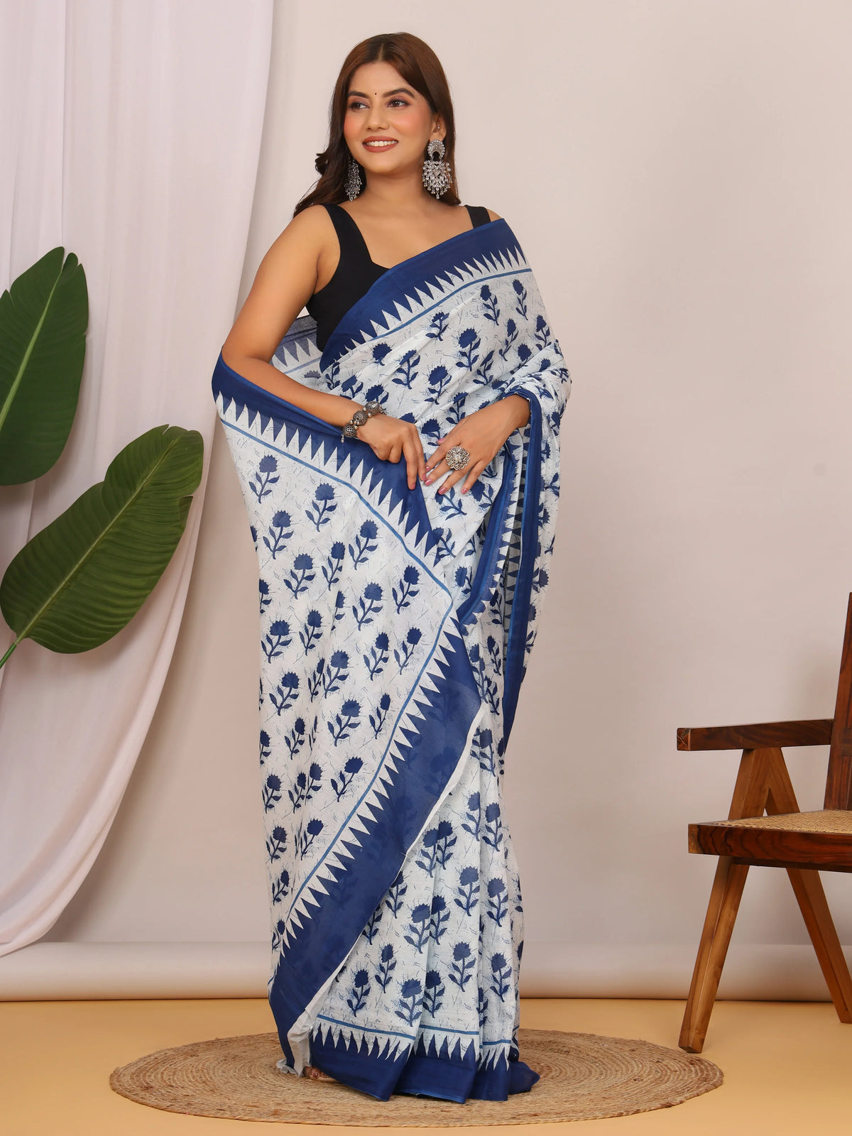 Pure Cotton White and Indigo Blue Saree with Elegant Floral Sanganeri Print