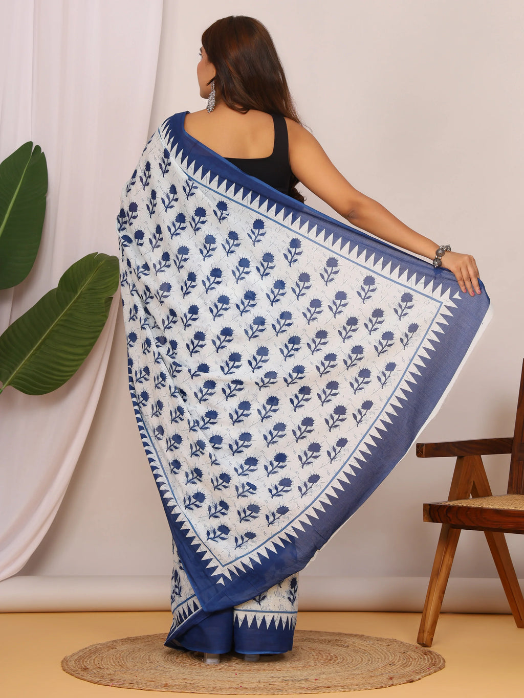 Pure Cotton White and Indigo Blue Saree with Elegant Floral Sanganeri Print