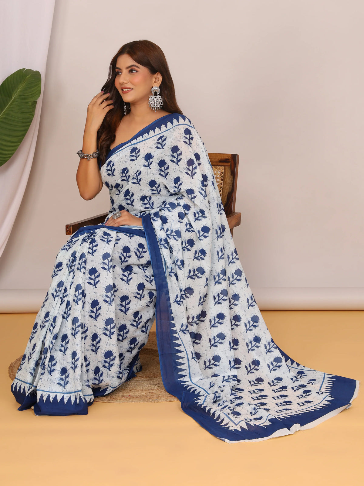 Pure Cotton White and Indigo Blue Saree with Elegant Floral Sanganeri Print