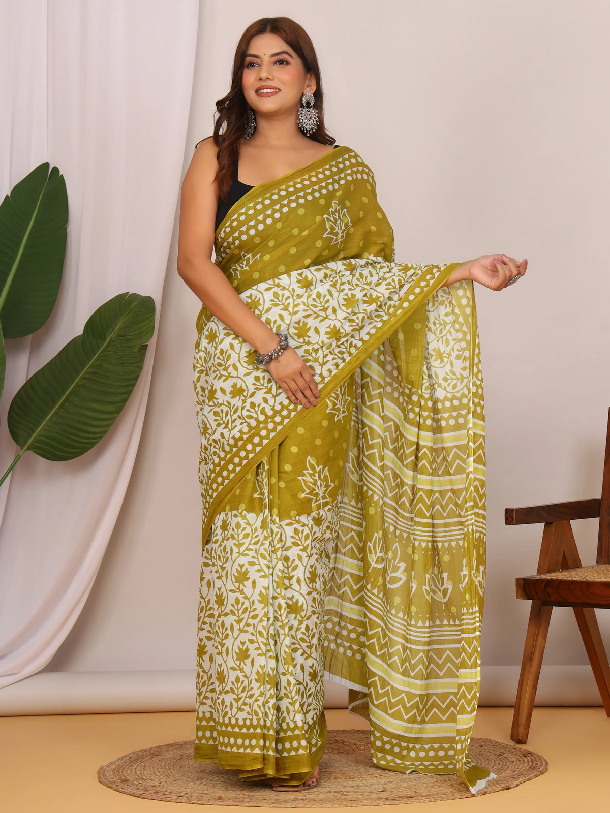 Pure Cotton Olive Green and White Saree with Traditional Floral Sanganeri Print