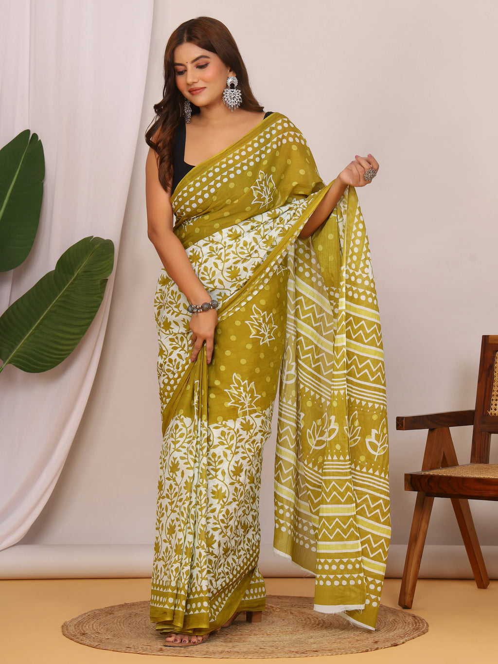 Pure Cotton Olive Green and White Saree with Traditional Floral Sanganeri Print