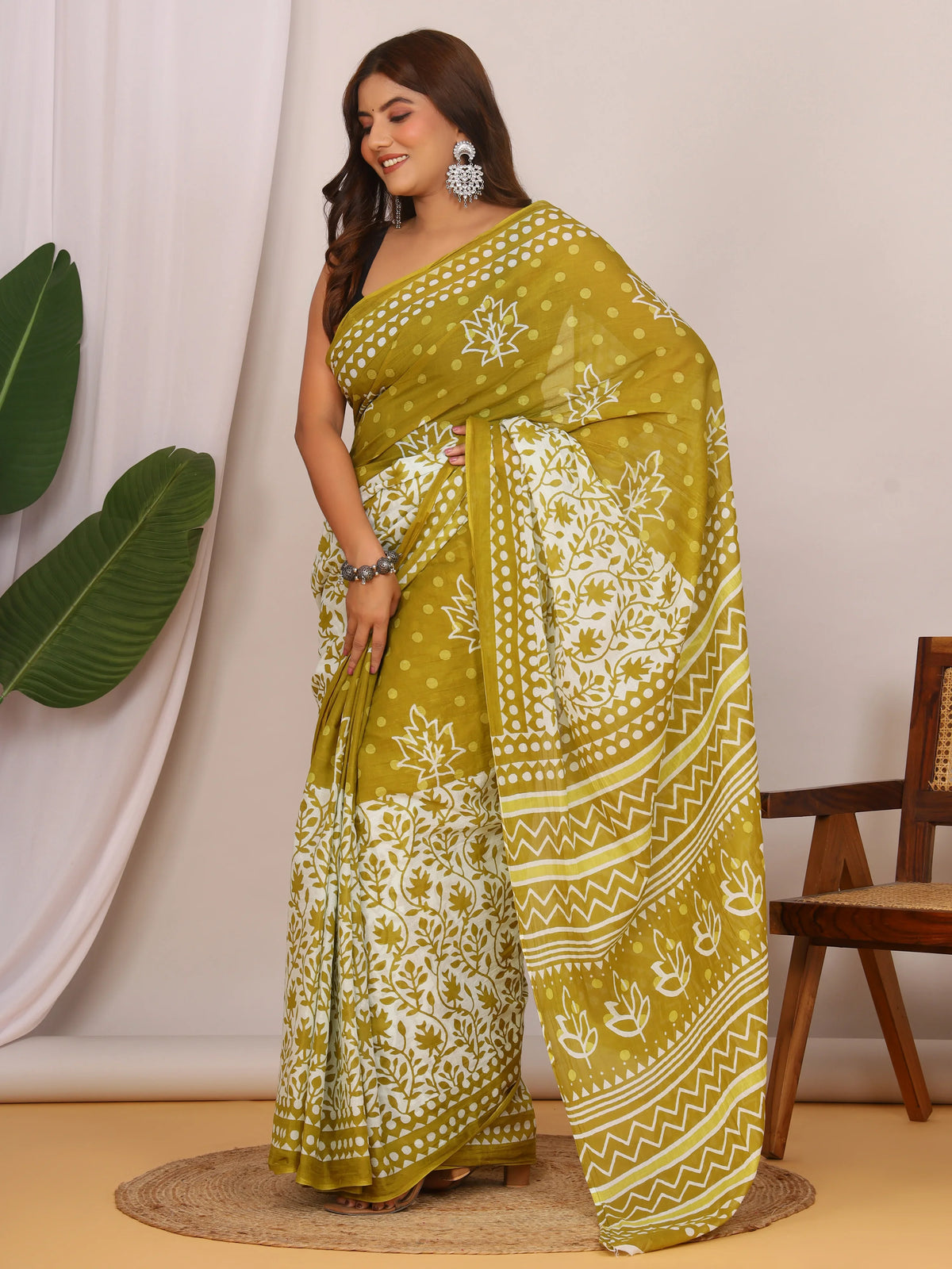 Pure Cotton Olive Green and White Saree with Traditional Floral Sanganeri Print
