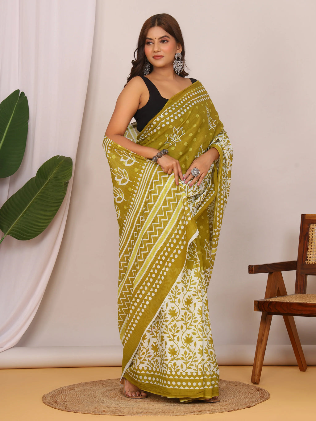 Pure Cotton Olive Green and White Saree with Traditional Floral Sanganeri Print