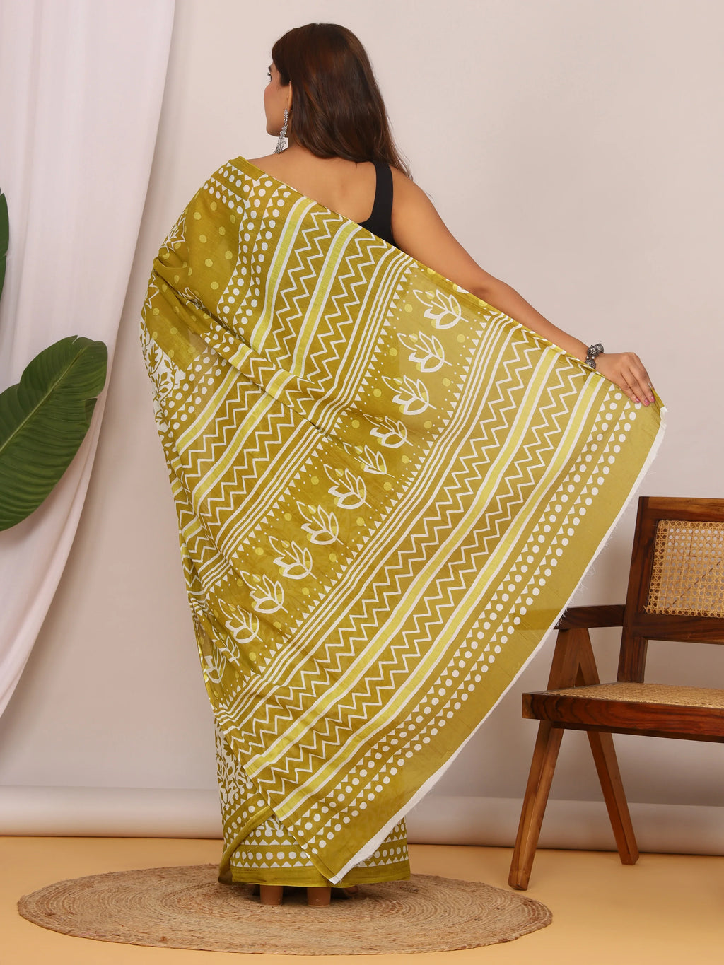 Pure Cotton Olive Green and White Saree with Traditional Floral Sanganeri Print