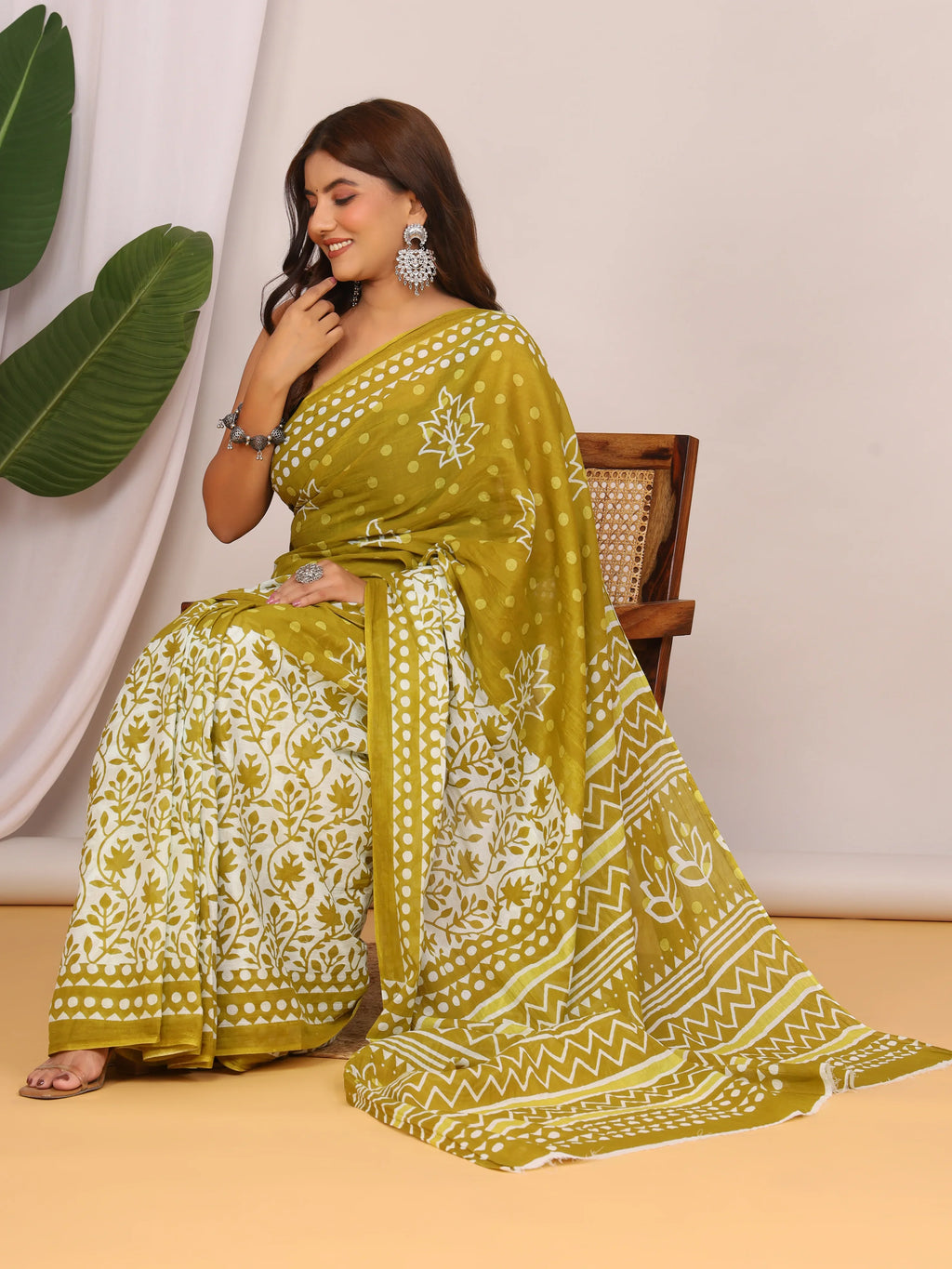 Pure Cotton Olive Green and White Saree with Traditional Floral Sanganeri Print