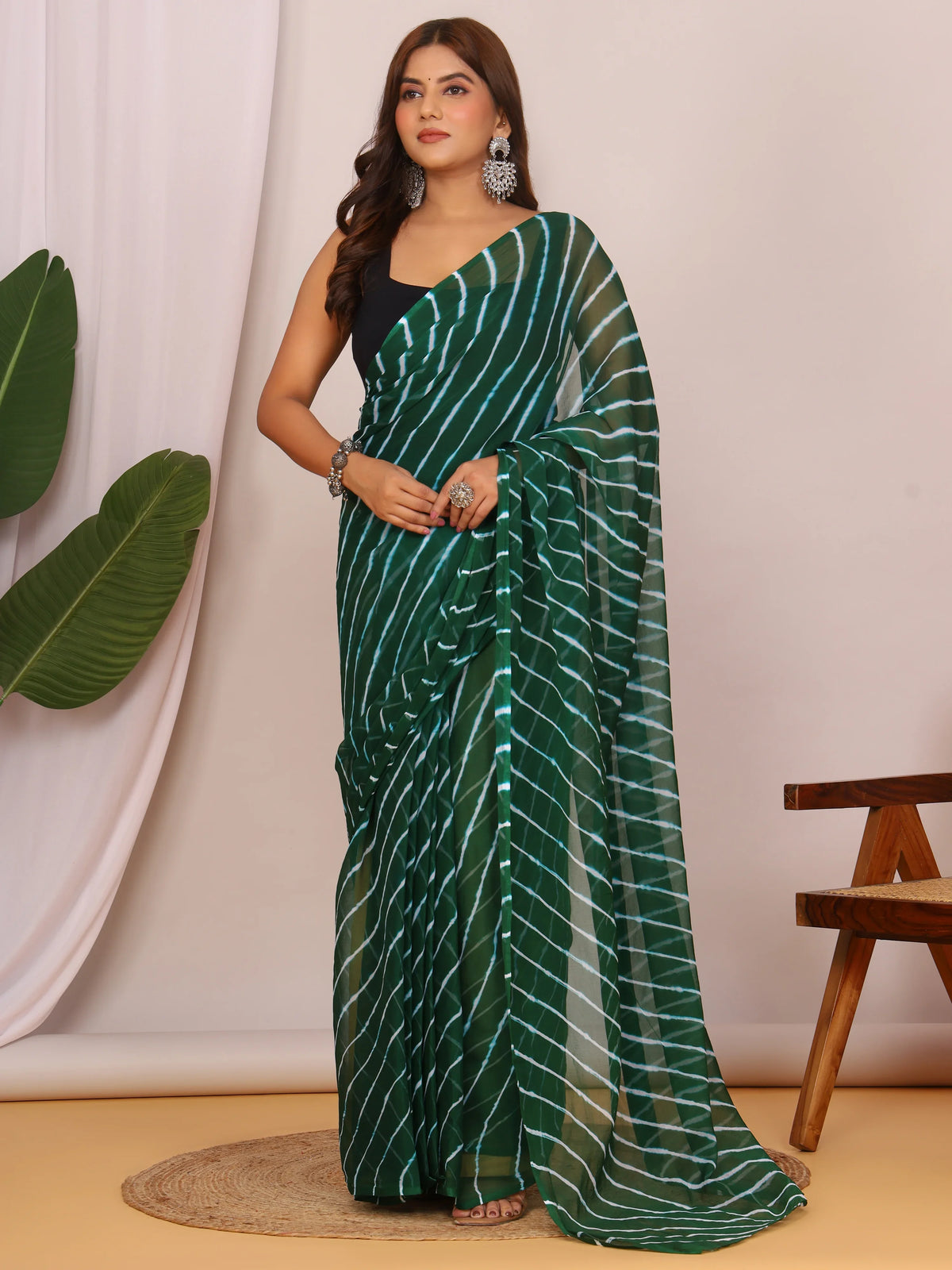 Bottle Green Nazmin Chiffon Saree with Hand Tied Lehriya
