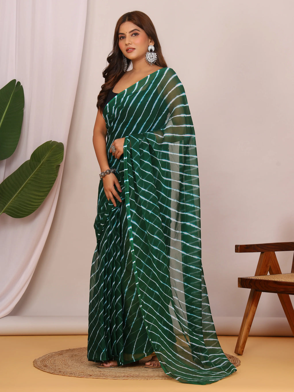 Bottle Green Nazmin Chiffon Saree with Hand Tied Lehriya