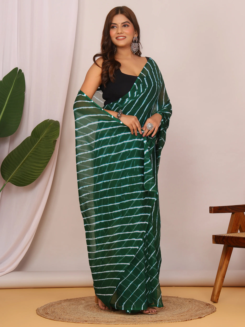 Bottle Green Nazmin Chiffon Saree with Hand Tied Lehriya