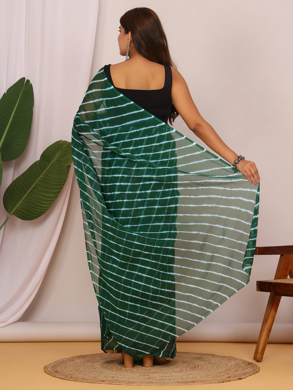 Bottle Green Nazmin Chiffon Saree with Hand Tied Lehriya