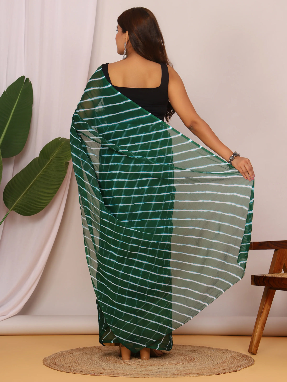 Bottle Green Nazmin Chiffon Saree with Hand Tied Lehriya