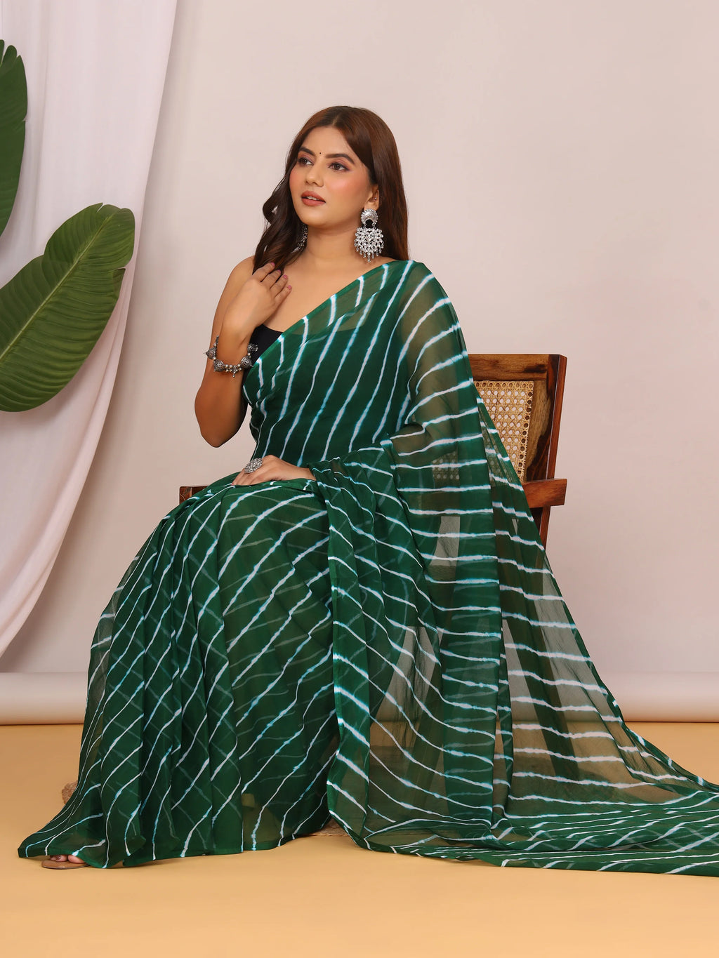 Bottle Green Nazmin Chiffon Saree with Hand Tied Lehriya