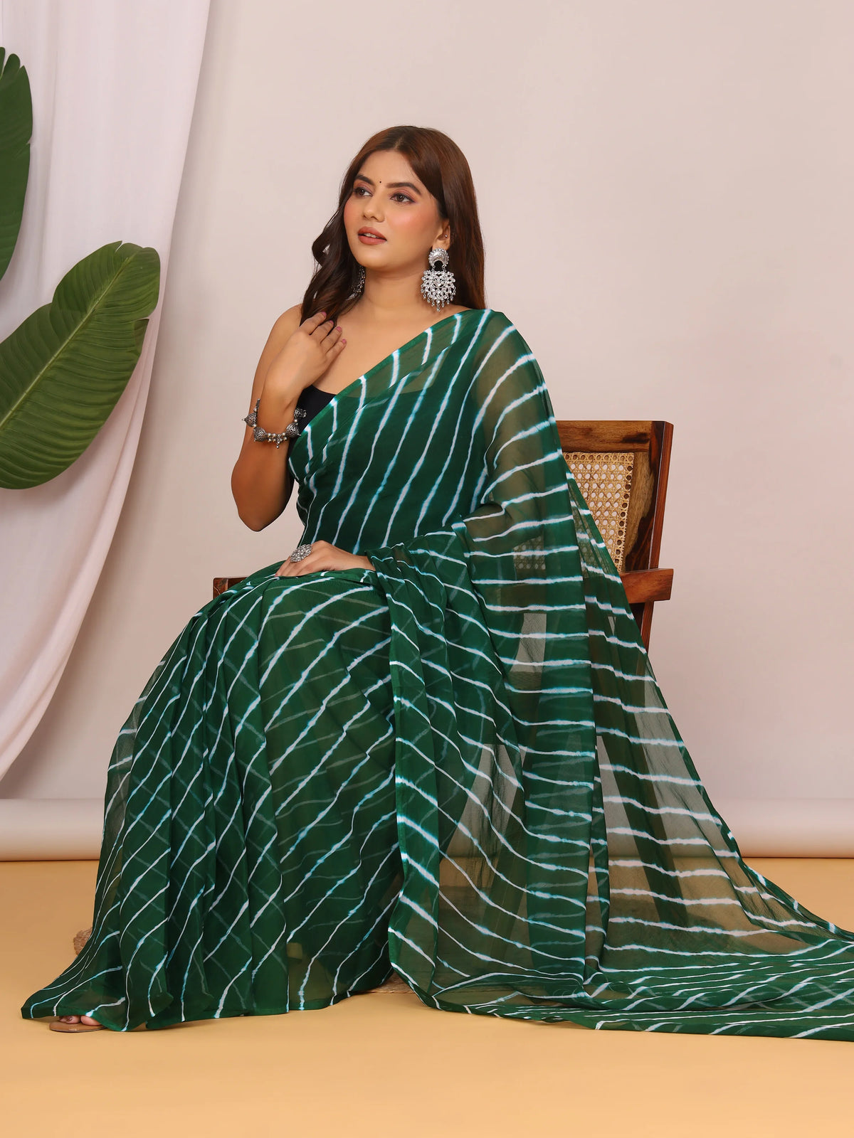 Bottle Green Nazmin Chiffon Saree with Hand Tied Lehriya
