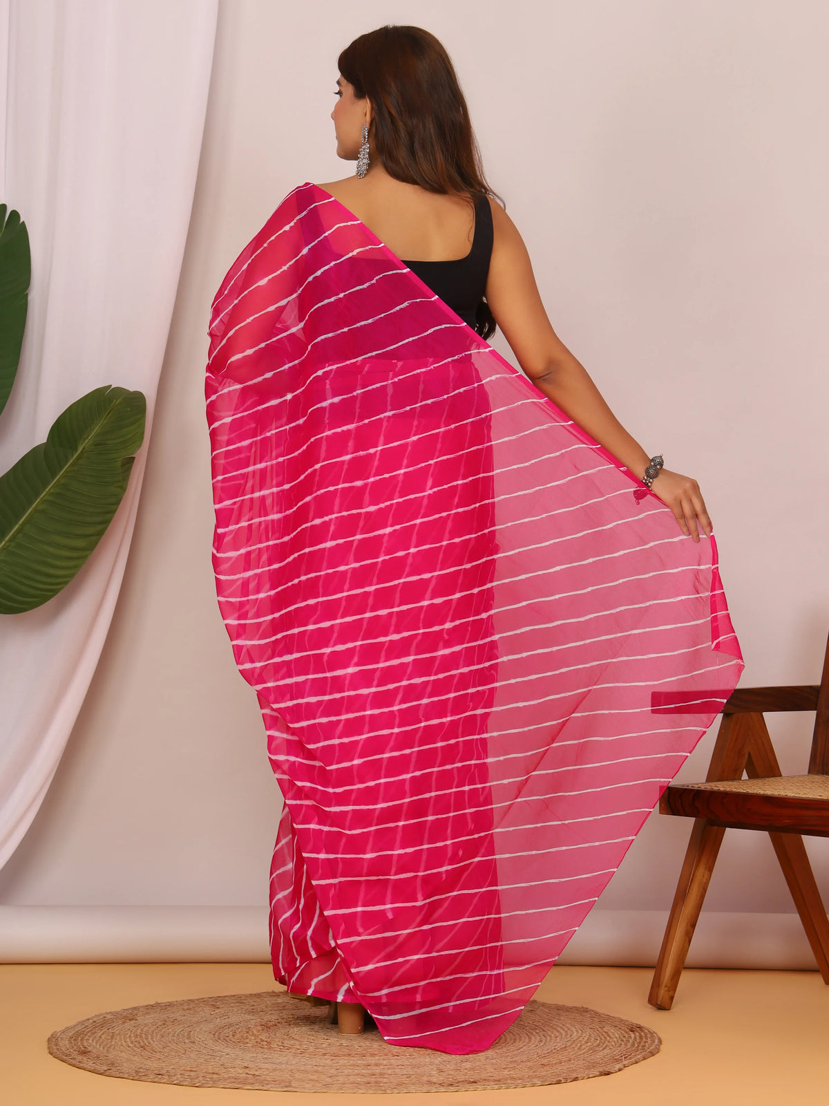 Dark Pink Nazmin Chiffon Saree with Hand Tied Lehriya