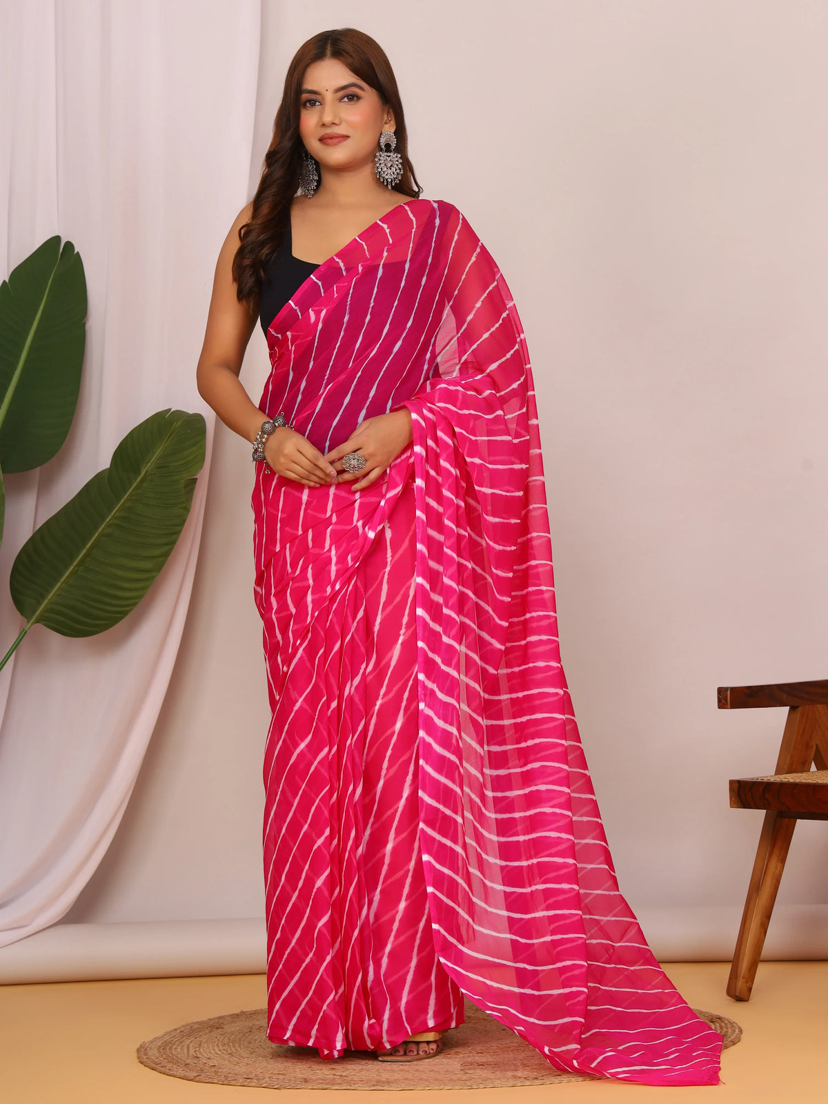 Dark Pink Nazmin Chiffon Saree with Hand Tied Lehriya