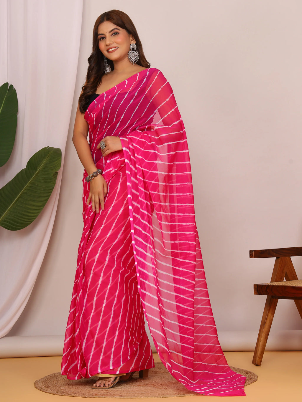 Dark Pink Nazmin Chiffon Saree with Hand Tied Lehriya