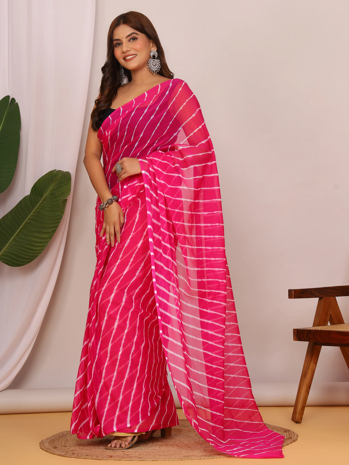 Dark Pink Nazmin Chiffon Saree with Hand Tied Lehriya