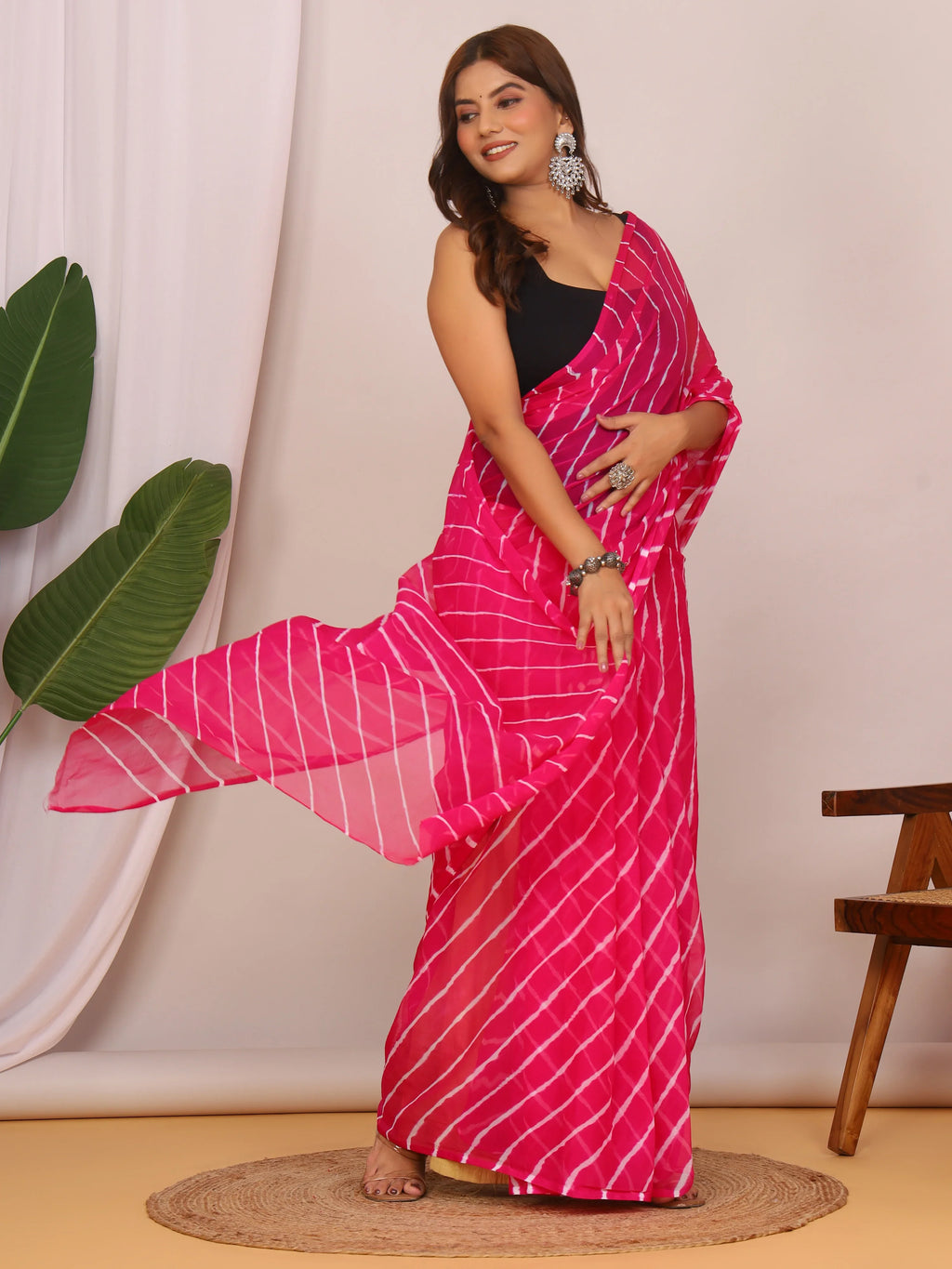 Dark Pink Nazmin Chiffon Saree with Hand Tied Lehriya