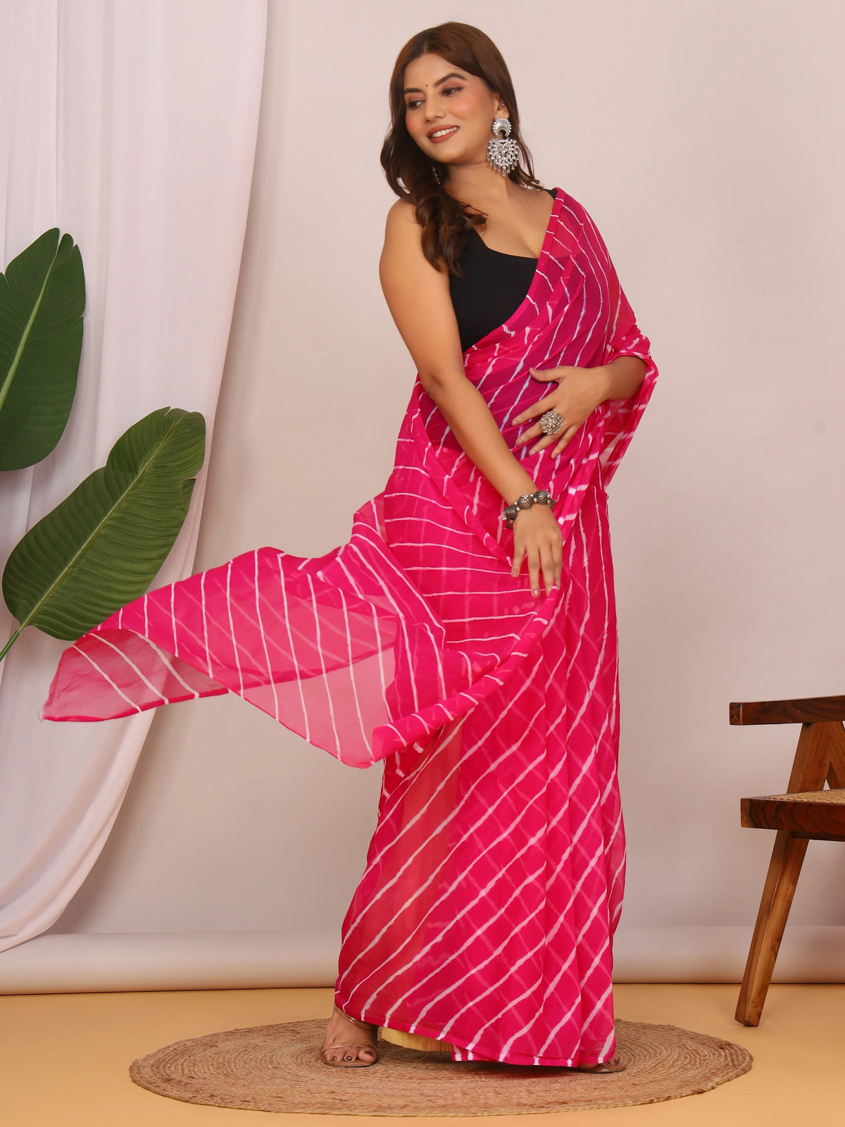 Dark Pink Nazmin Chiffon Saree with Hand Tied Lehriya