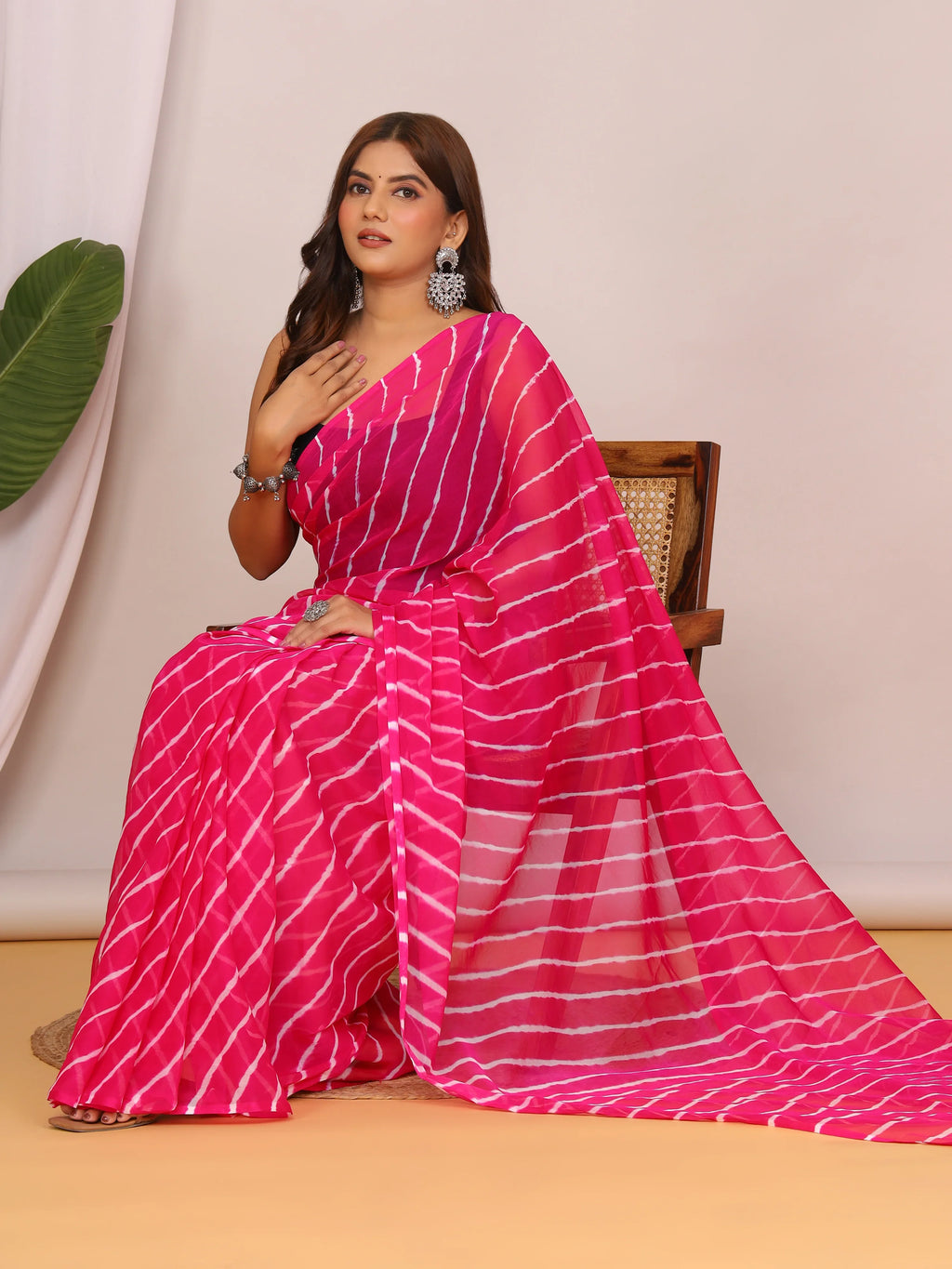 Dark Pink Nazmin Chiffon Saree with Hand Tied Lehriya
