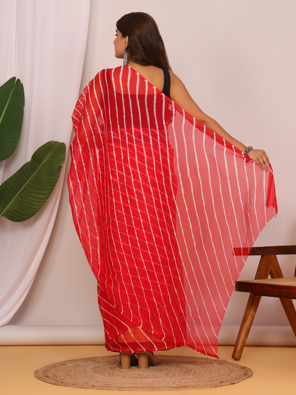Red Nazmin Chiffon Saree with Hand Tied Lehriya