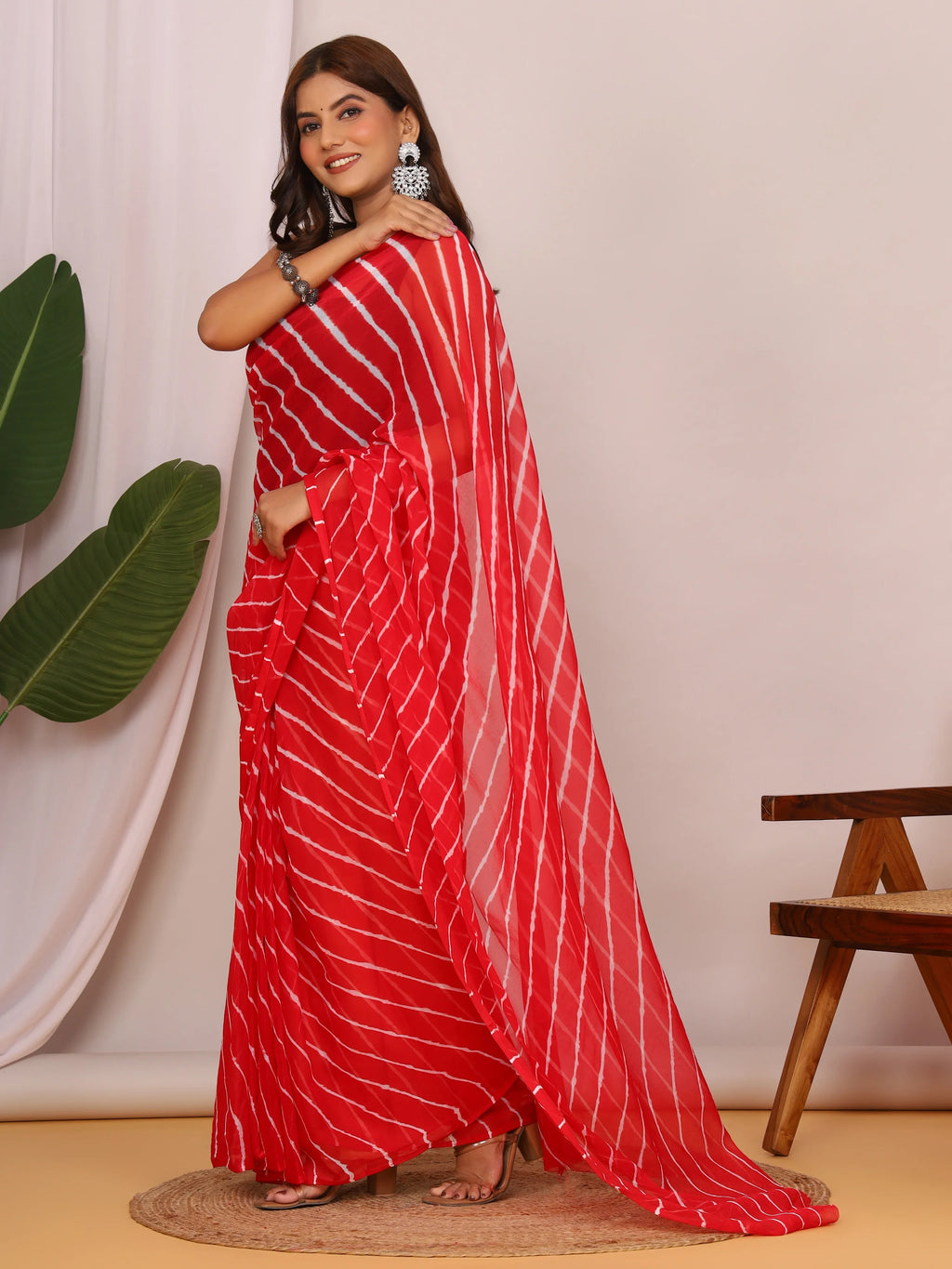 Red Nazmin Chiffon Saree with Hand Tied Lehriya