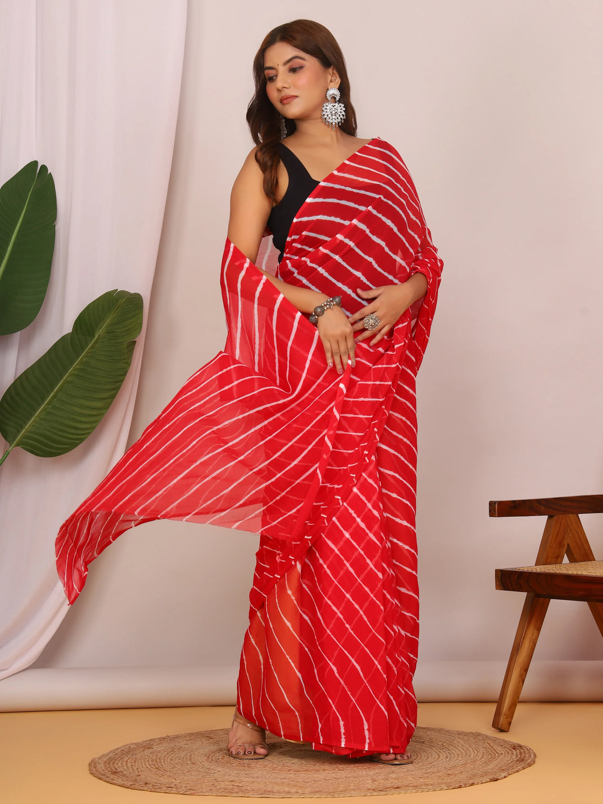 Red Nazmin Chiffon Saree with Hand Tied Lehriya