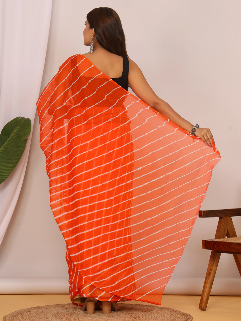 Bright Orange Nazmin Chiffon Saree with Hand Tied Lehriya