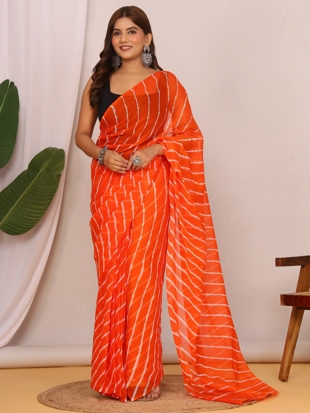 Bright Orange Nazmin Chiffon Saree with Hand Tied Lehriya