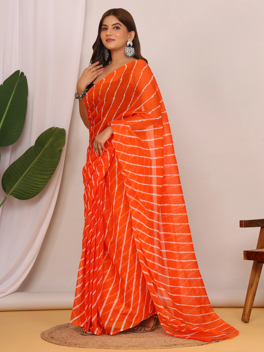 Bright Orange Nazmin Chiffon Saree with Hand Tied Lehriya