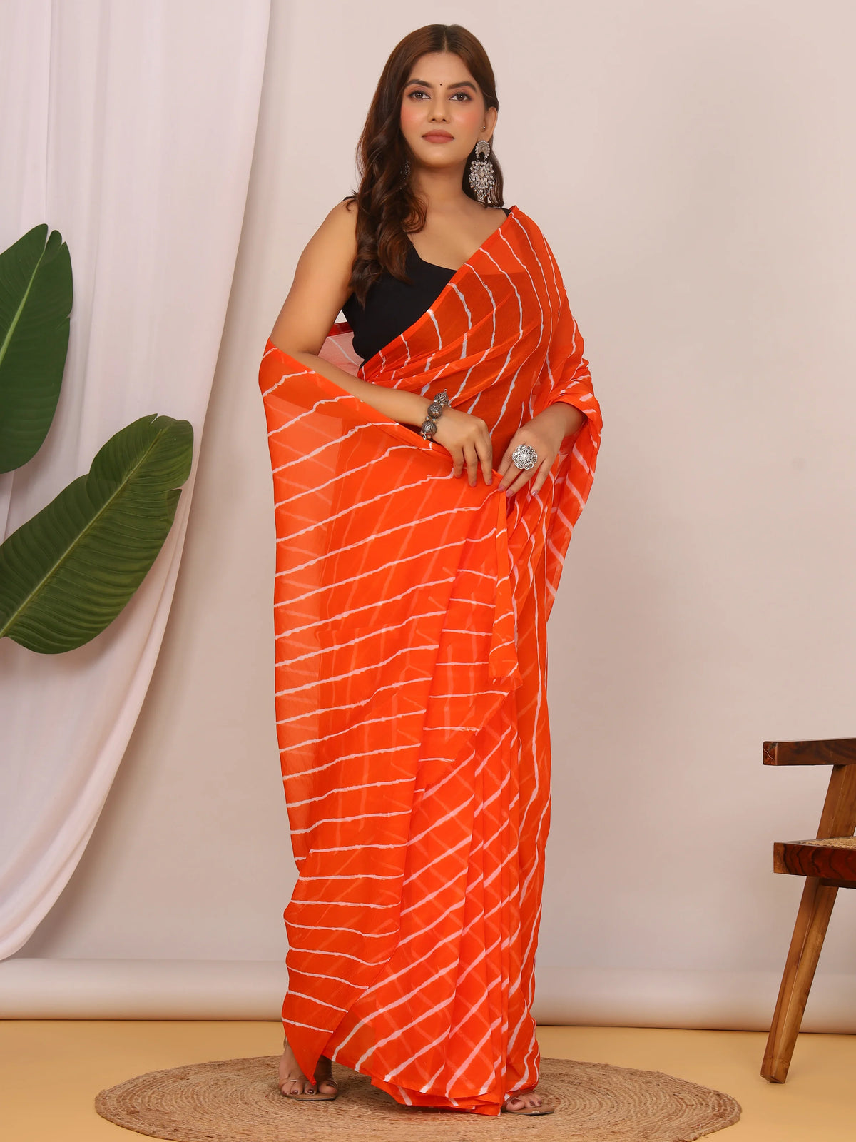 Bright Orange Nazmin Chiffon Saree with Hand Tied Lehriya
