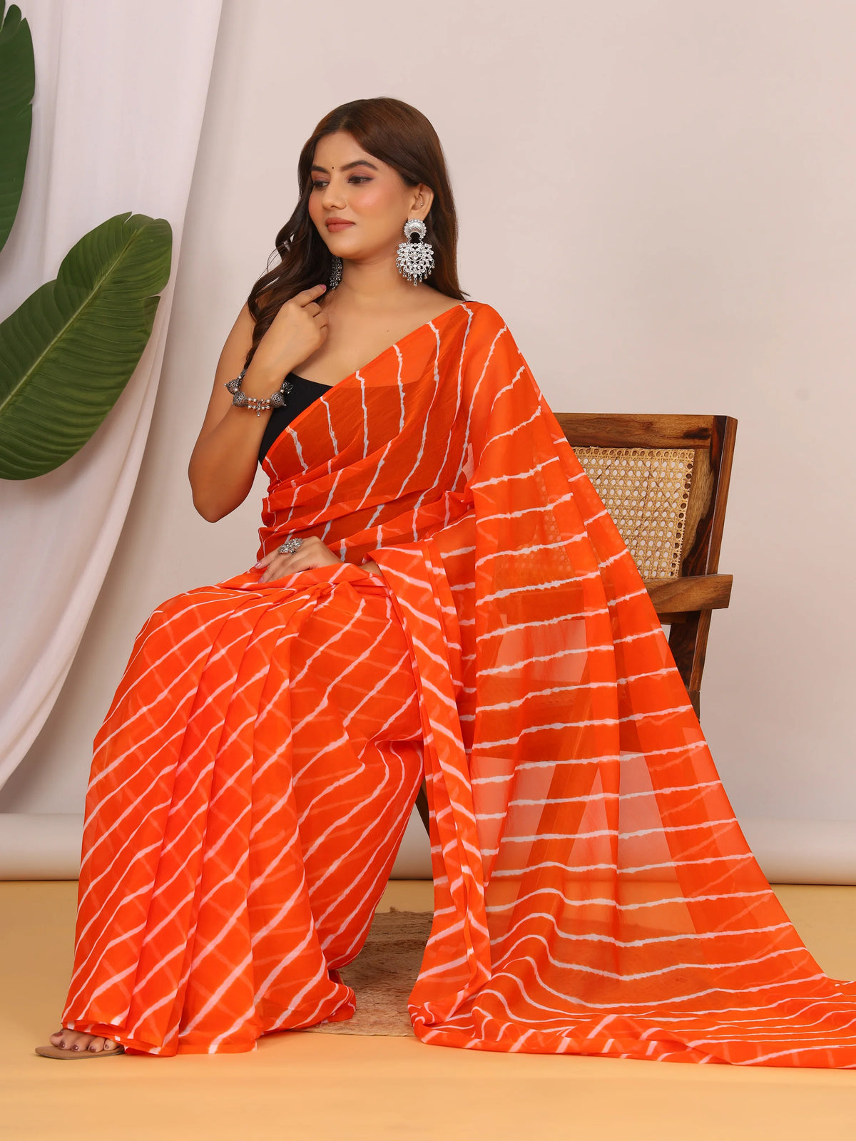 Bright Orange Nazmin Chiffon Saree with Hand Tied Lehriya