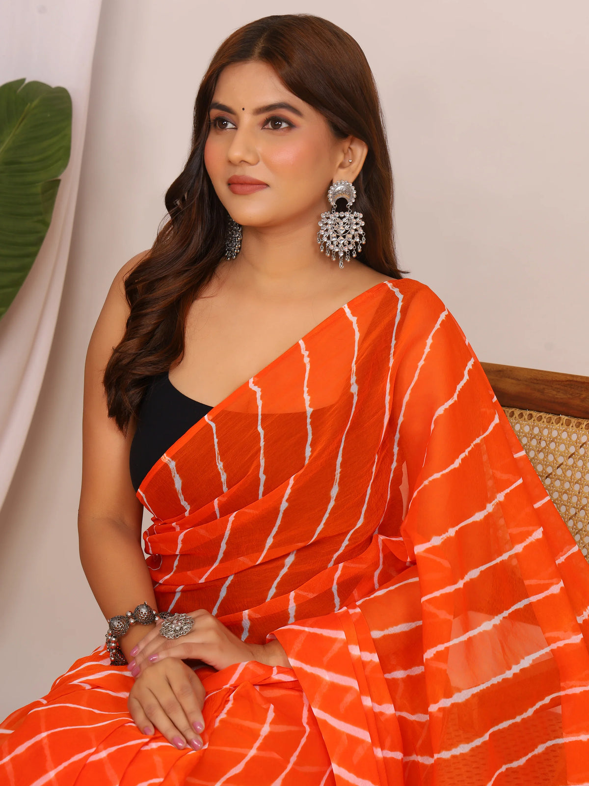 Bright Orange Nazmin Chiffon Saree with Hand Tied Lehriya