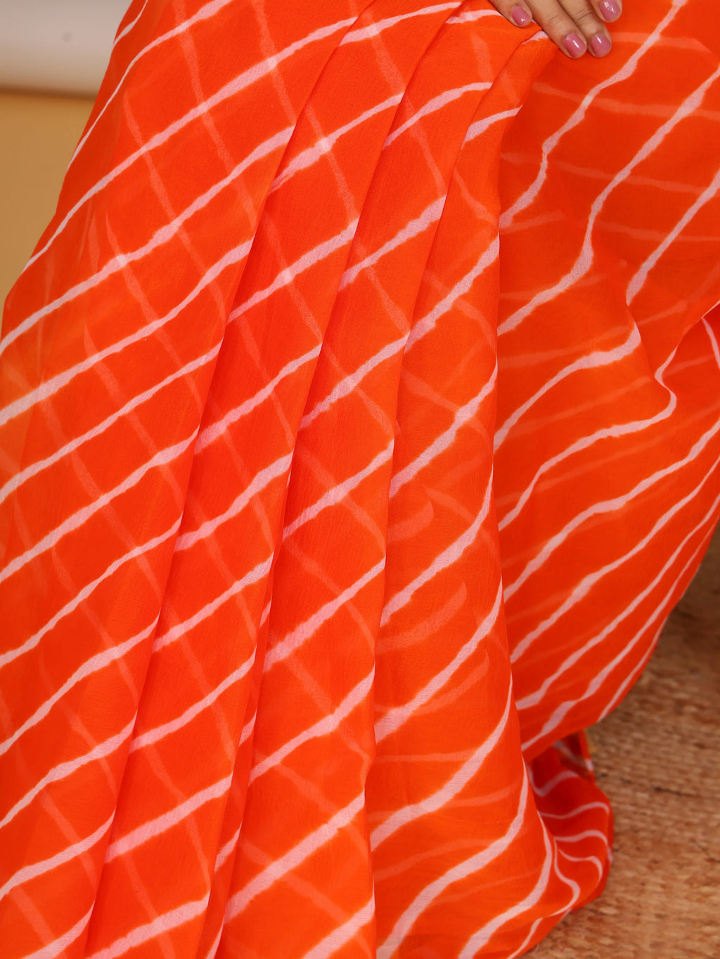 Bright Orange Nazmin Chiffon Saree with Hand Tied Lehriya