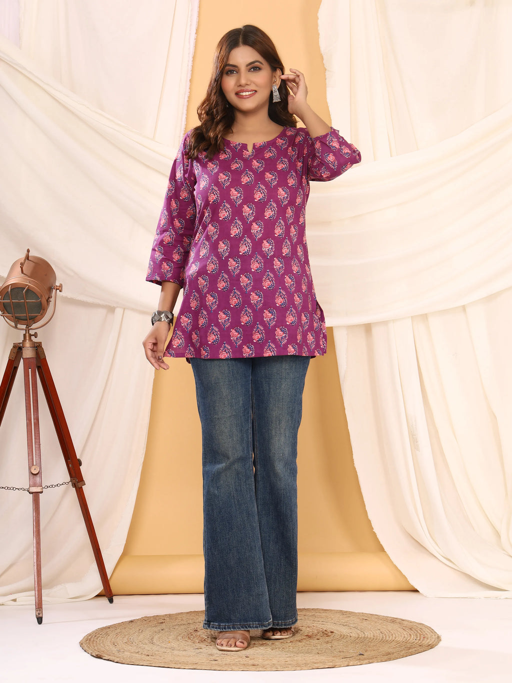 Sanganeri Purple Paisley Print Cotton Top