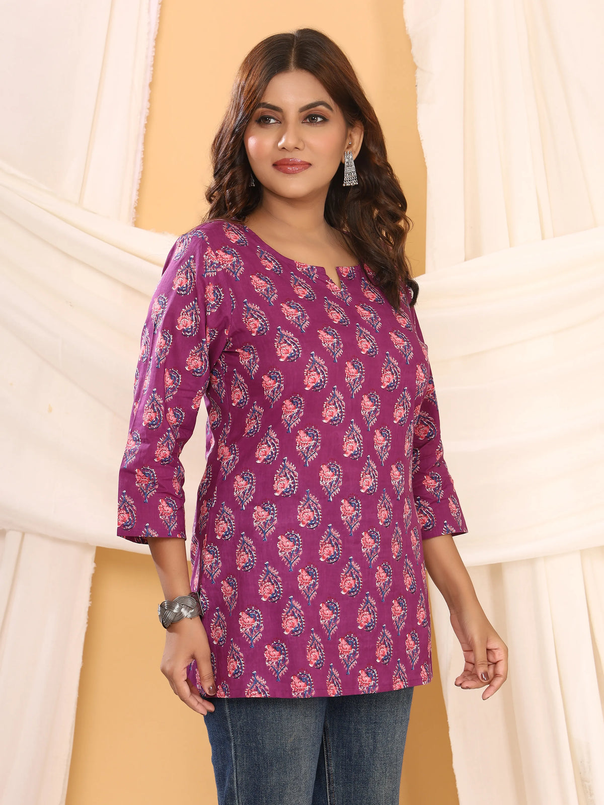 Sanganeri Purple Paisley Print Cotton Top