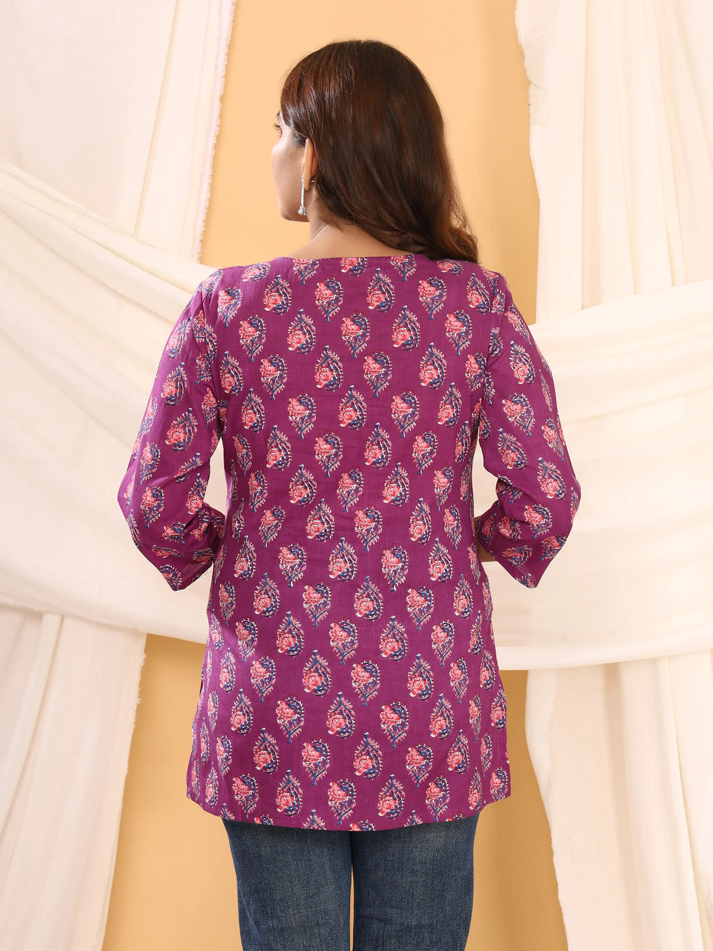 Sanganeri Purple Paisley Print Cotton Top