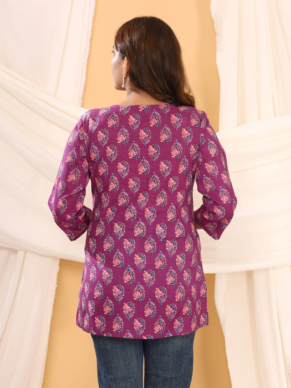 Sanganeri Purple Paisley Print Cotton Top