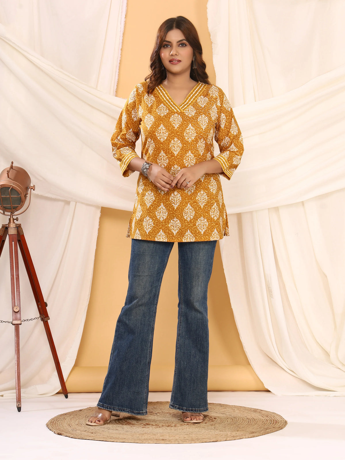 Sanganeri Mustard Yellow Floral Print Pure Cotton Top