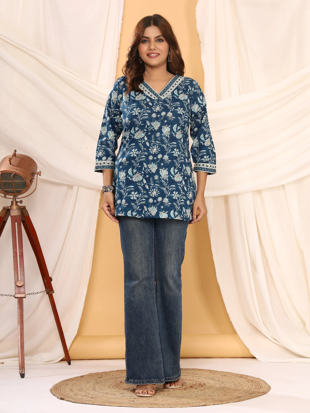 Sanganeri Blue Floral Print Pure Cotton Top