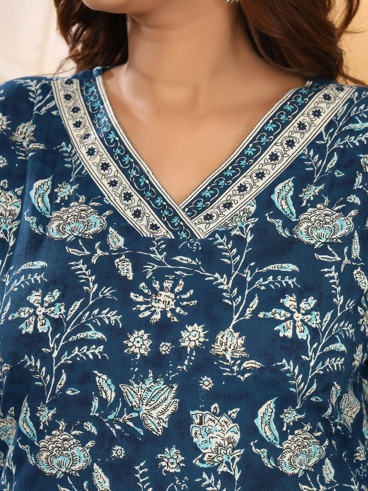 Sanganeri Blue Floral Print Pure Cotton Top