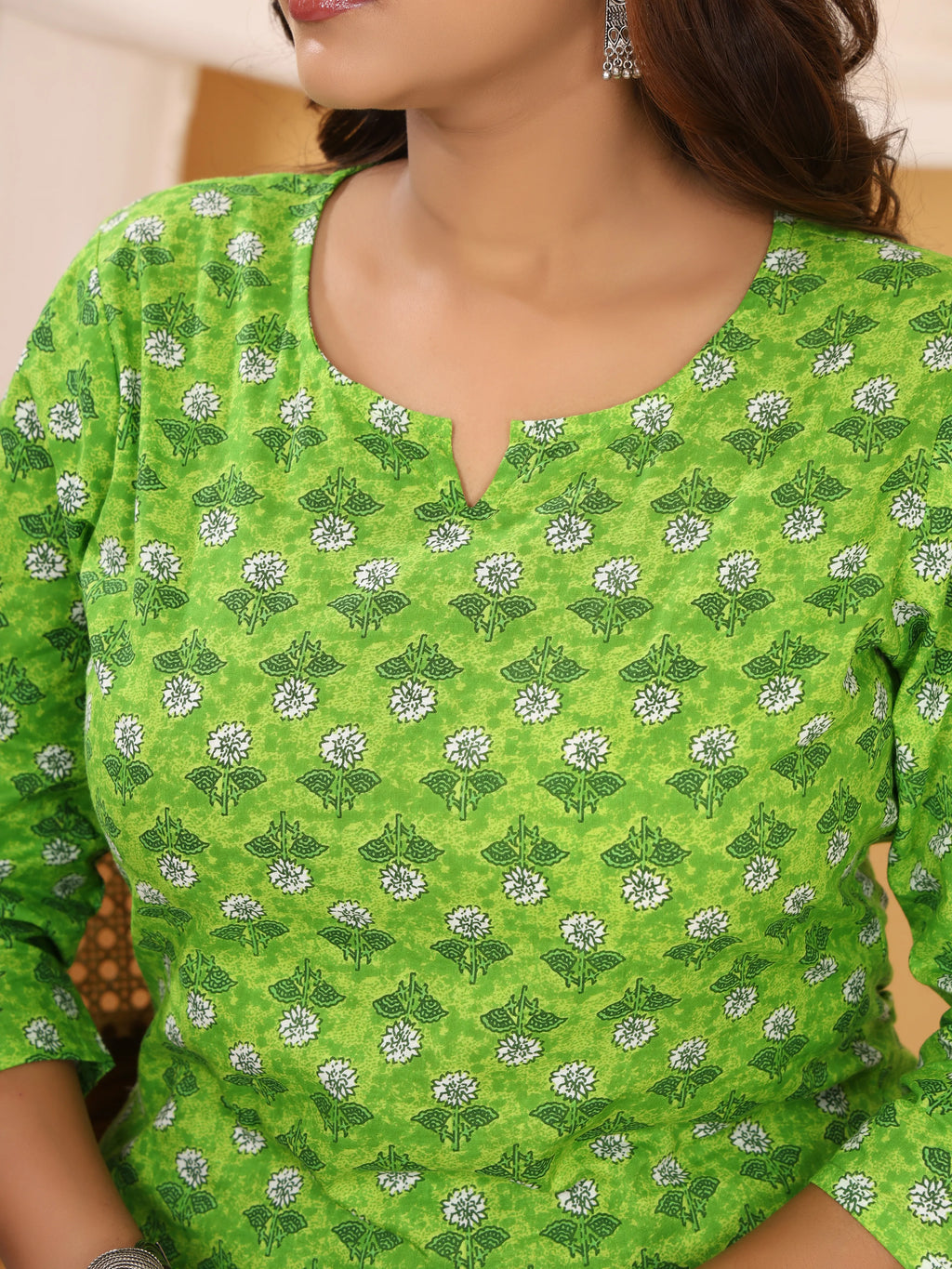 Sanganeri Green Floral Print Pure Cotton Top