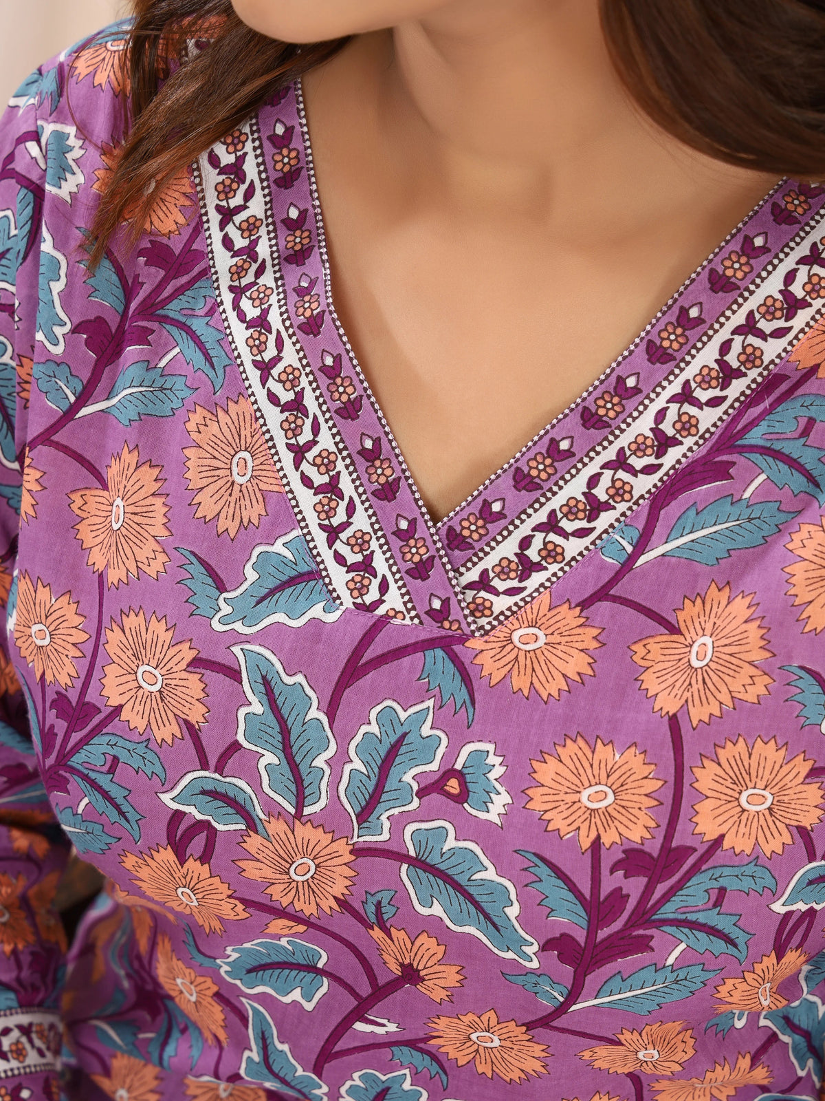 Sanganeri Violet Floral Print Pure Cotton Top
