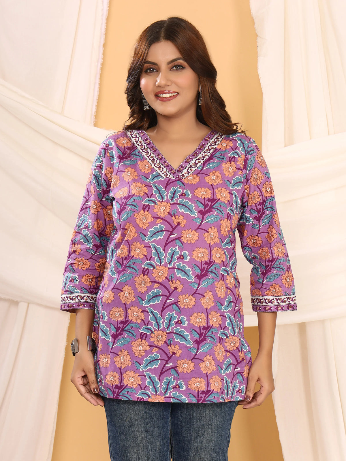 Sanganeri Violet Floral Print Pure Cotton Top