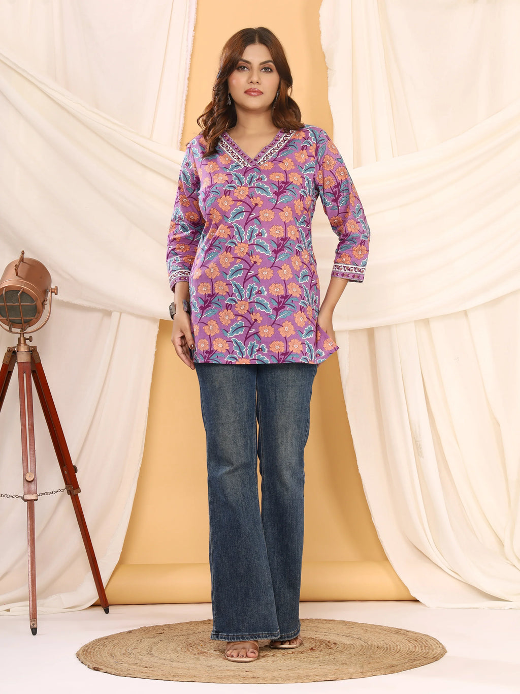 Sanganeri Violet Floral Print Pure Cotton Top