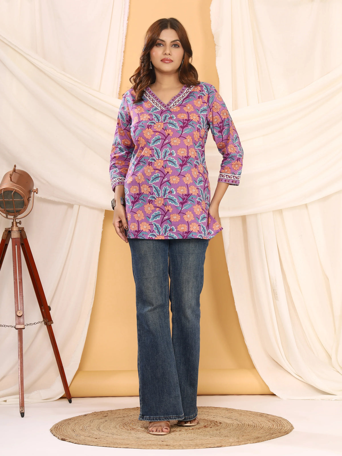 Sanganeri Violet Floral Print Pure Cotton Top
