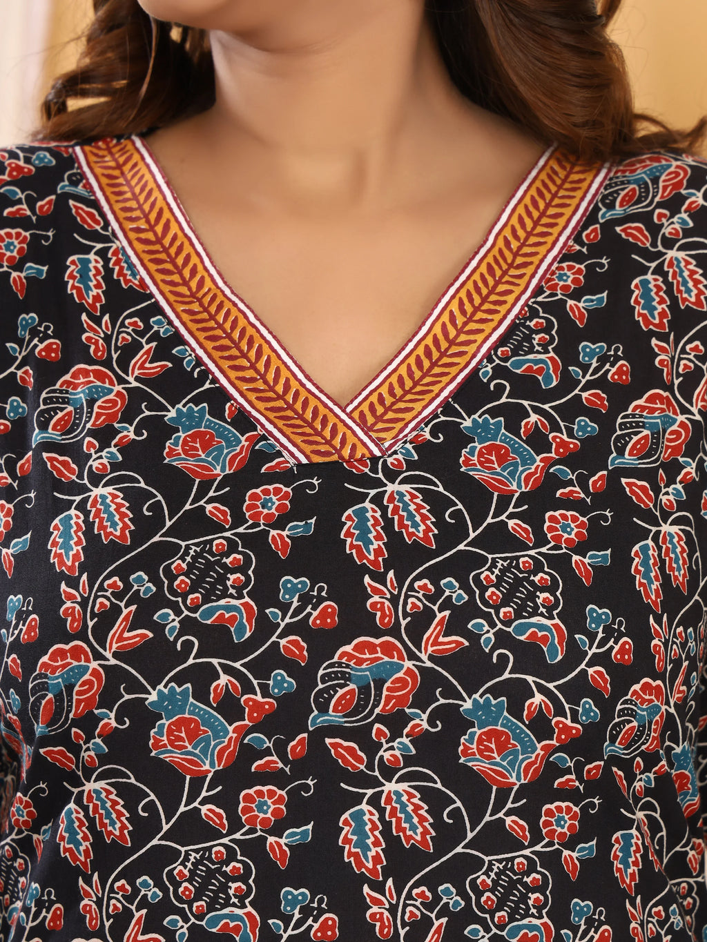 Sanganeri Kalamkari Black Floral Print Pure Cotton Top