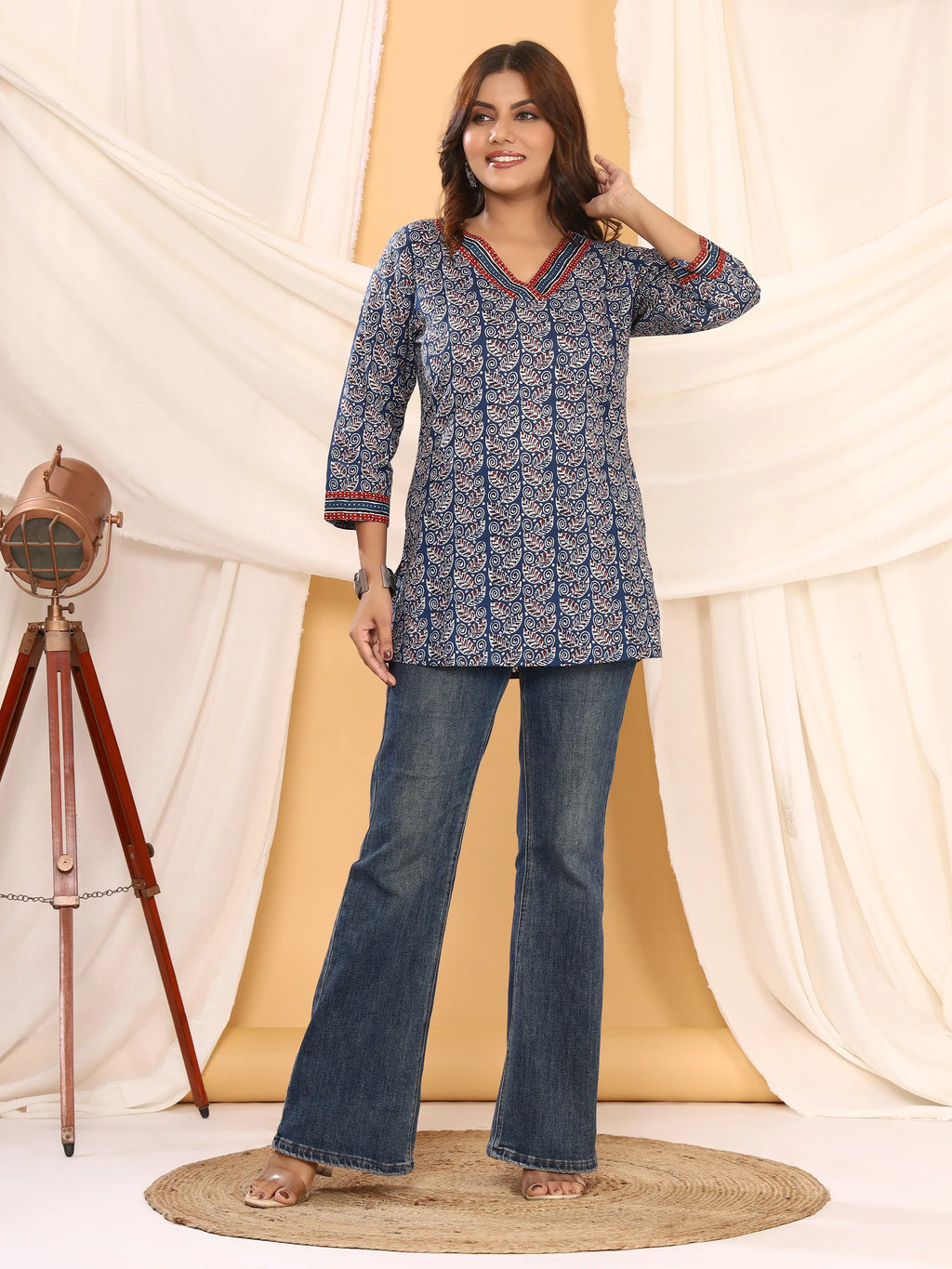 Ajrakh Navy Blue Leaft Print Pure Cotton Top