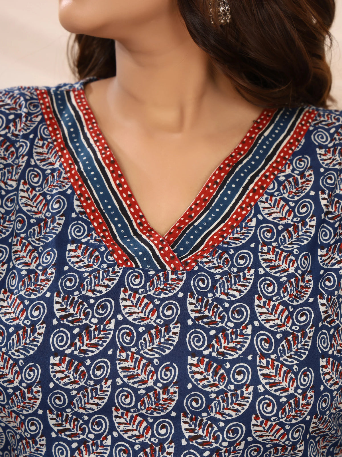 Ajrakh Navy Blue Leaft Print Pure Cotton Top