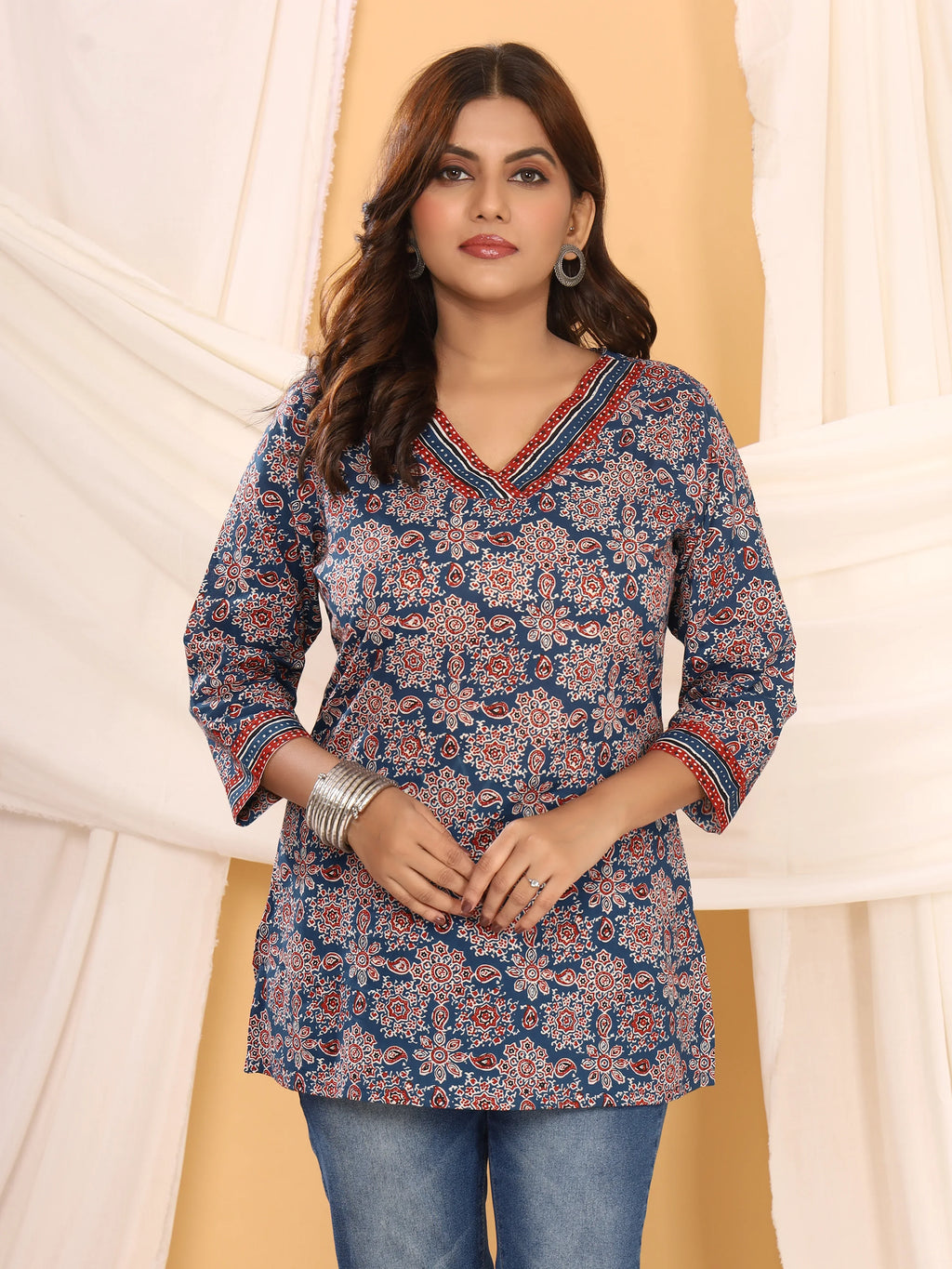Ajrakh Navy Geometric Print Pure Cotton Top