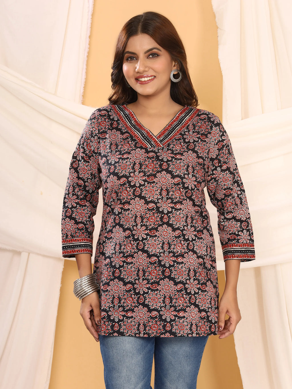 Ajrakh Black Geometric Print Pure Cotton Top
